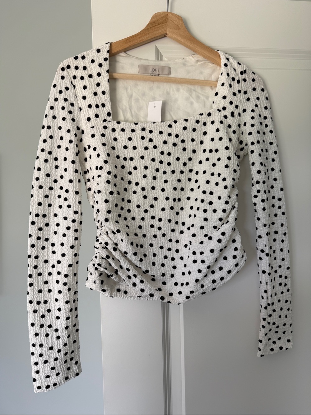 LOFT White and Black Polka Dot Long-Sleeve Square Neck Top